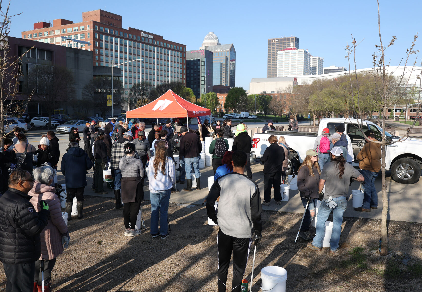 Volunteers wait at Waterfront Park
